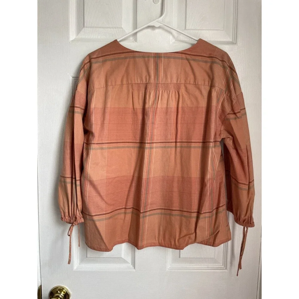 Madewell Plaid Shirt Women's Small Morningview Puff-Sleeve Peach Button Up